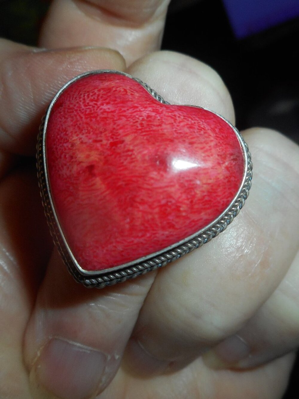 LARGER RED, (HEART) STONE ON SILVER BAND - Women Jewelry, SIZE 7 3/4- 8